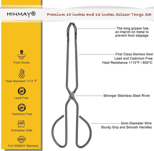 10" 13" Stainless Steel Kitchen Tongs, Heavy Duty Non-Slip Comfortable Grip Metal Scissor Tongs for Cooking, Grilling & Serving, Set of 2