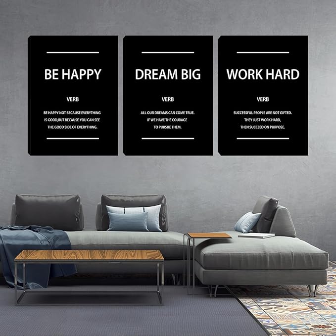 Unbruvo Motivational Office Wall Art, 3 Pieces Inspirational Canvas Wall Art, Dream Big Be Happy Work Hard Prints Poster Wall Decor for Living Room BedRoom Dorm(48" Wx24 H)