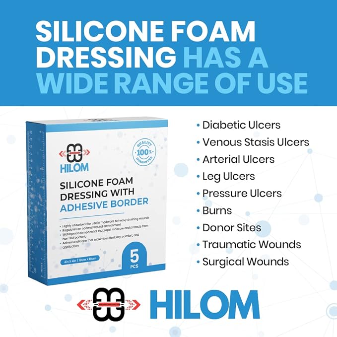 Hilom Silicone Foam Dressing with Adhesive Border 4 in x 10 in (10 Pack) Waterproof Dressing | Moist to Heavily Draining Wounds Including Pressure Ulcer, Burns, or Lacerations | Latex Free…