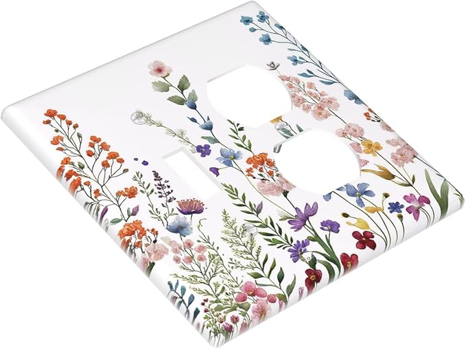 Rustic Wild Floral Vintage Colorful Flowers Outlet Covers 2 Gang Combination 1 Toggle/1 Duplex Light Switch Cover Decorative Gfci Wall Plate Electrical Receptacle Switchplate Bathroom Decor