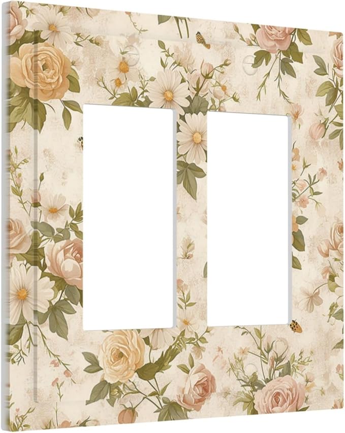 Decorative Outlet Covers Boho Vintage Roses Pink Red Yellow Bouquet Floral 2 Gang Double GFCI Rocker Electrical Wall Panels Light Switch Cover Plate for Bedroom living Room Decor