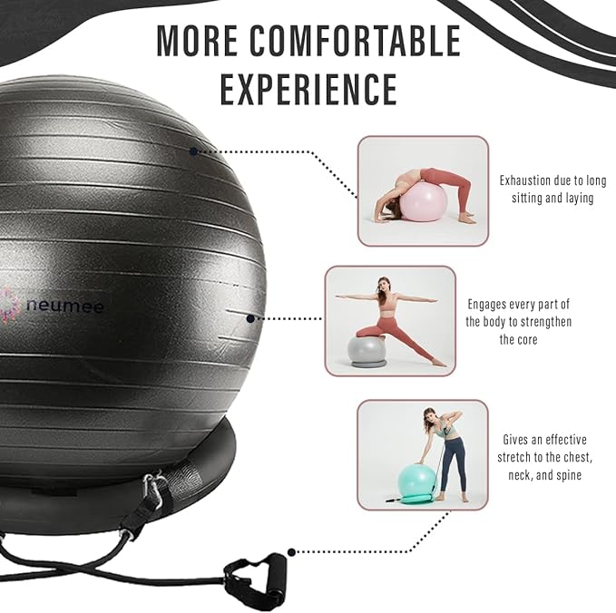Yoga Ball Chair with 65cm Exercise Ball & 2 Resistance Bands, Stability Base for Home Office, Yoga, Pilates & Fitness, Balance Ball for Posture, Core Strength & Low Impact Workouts