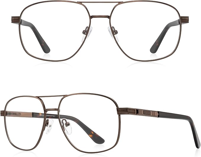 RB. Pilot Reading Glasses for Men Square Double Bridge Light Blocking Computer Readers Spring Hinge Metal Frame Acetate Legs