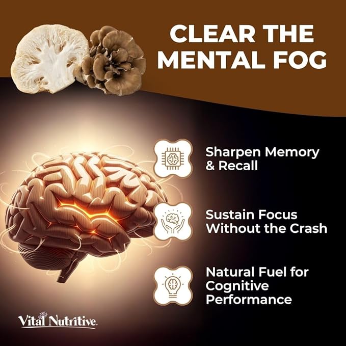 Vital 10-in-1 Mushroom Supplement Complex – High Potency Lion’s Mane, Cordyceps, Reishi & Turkey Tail Capsules – Nootropic Brain Support for Memory, Focus & Energy – 30 Day Supply