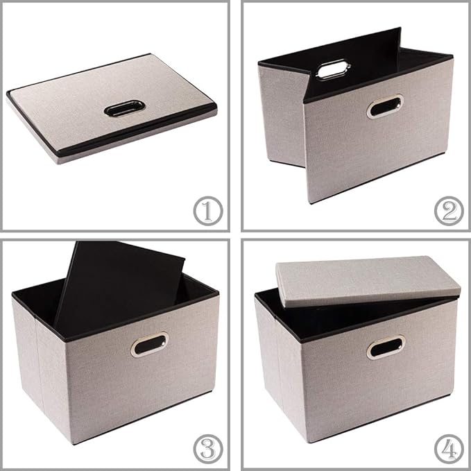 PRANDOM Foldable Storage Bin with Lid [5-Pack] Linen Fabric Decorative Storage Box Organizer Container Basket Cube with Handles Divider for Closet Office Living Room Light Grey(14.9x9.8x9.8)