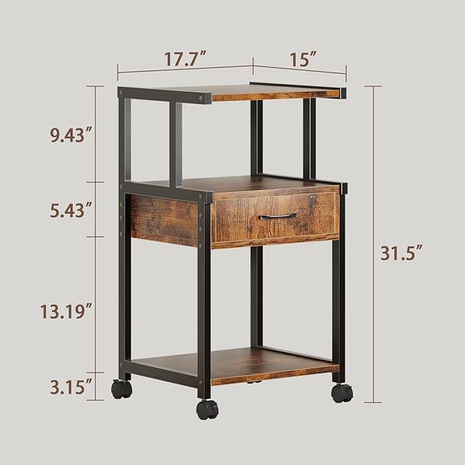 Printer Stand, 3-Tier Mobile Printer Cart, 31.5 x 14.96 x 17.72 Inches Square Printer Table with Storage Rack, Rolling Printer Table with Industrial Wheels for Home Office, Brown