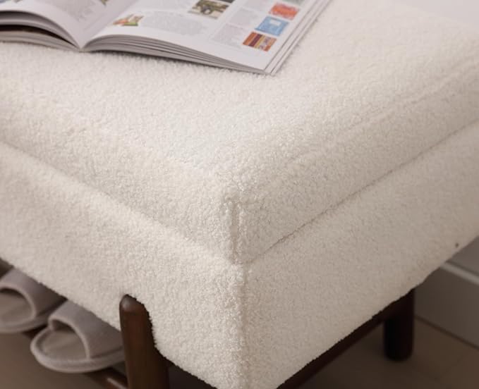 EALSON Modern Storage Ottoman Bench Sherpa Upholstered End of Bench with Seating and Wood Shoe Rack Long Entryway Bench for Bedroom/Living Room/Foyer, White