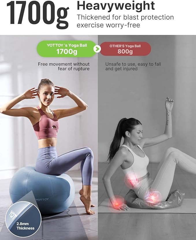 YOTTOY Anti-Burst Exercise Ball for Working Out, Yoga & Pregnancy, Extra Thick Workout Ball for Physical Therapy & Fitness