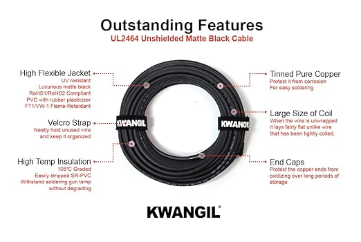 20AWG 8 Conductor Wire Cable (UL2464) - High Flexible Tinned Copper Unshielded Alarm Security Burglar LED Power - Low Voltage Installations (Matte Black 100FT)