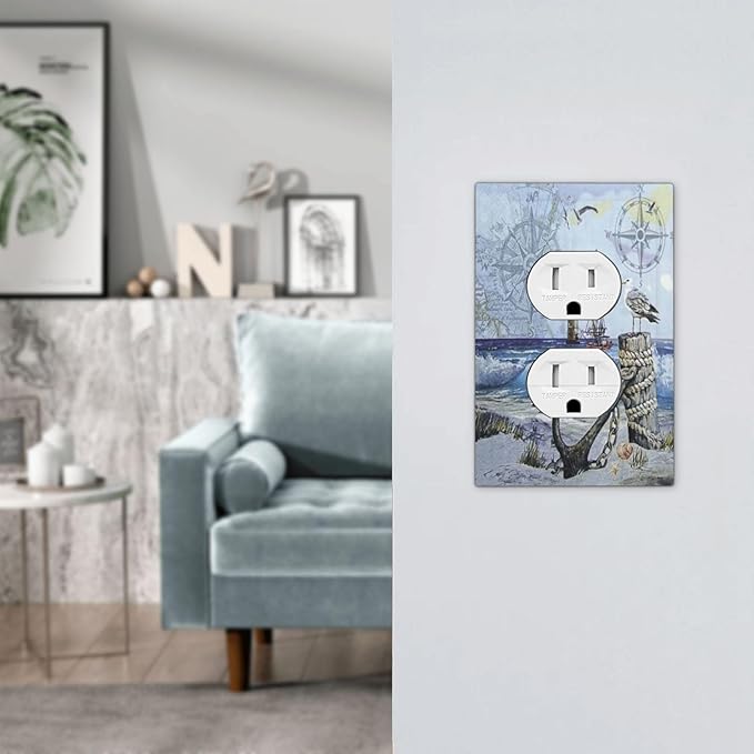 Outlet Covers Sea Ocean Sand Coast Compass Ship Lighthouse Anchor 1 Gang Duplex Light Switch Cover Plate Decorative Wall Plates Electrical Switchplate Receptacle Cover for Bathroom Decor