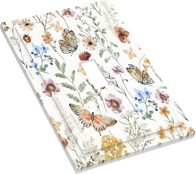 Boho Multicolor Flower Butterfly Insect Floral Decorative Light Switch Cover 1 Gang Single Toggle Device Electrical Faceplate Switchplates Decorator Outlet Wall Plate for Bedroom Living Room Decor