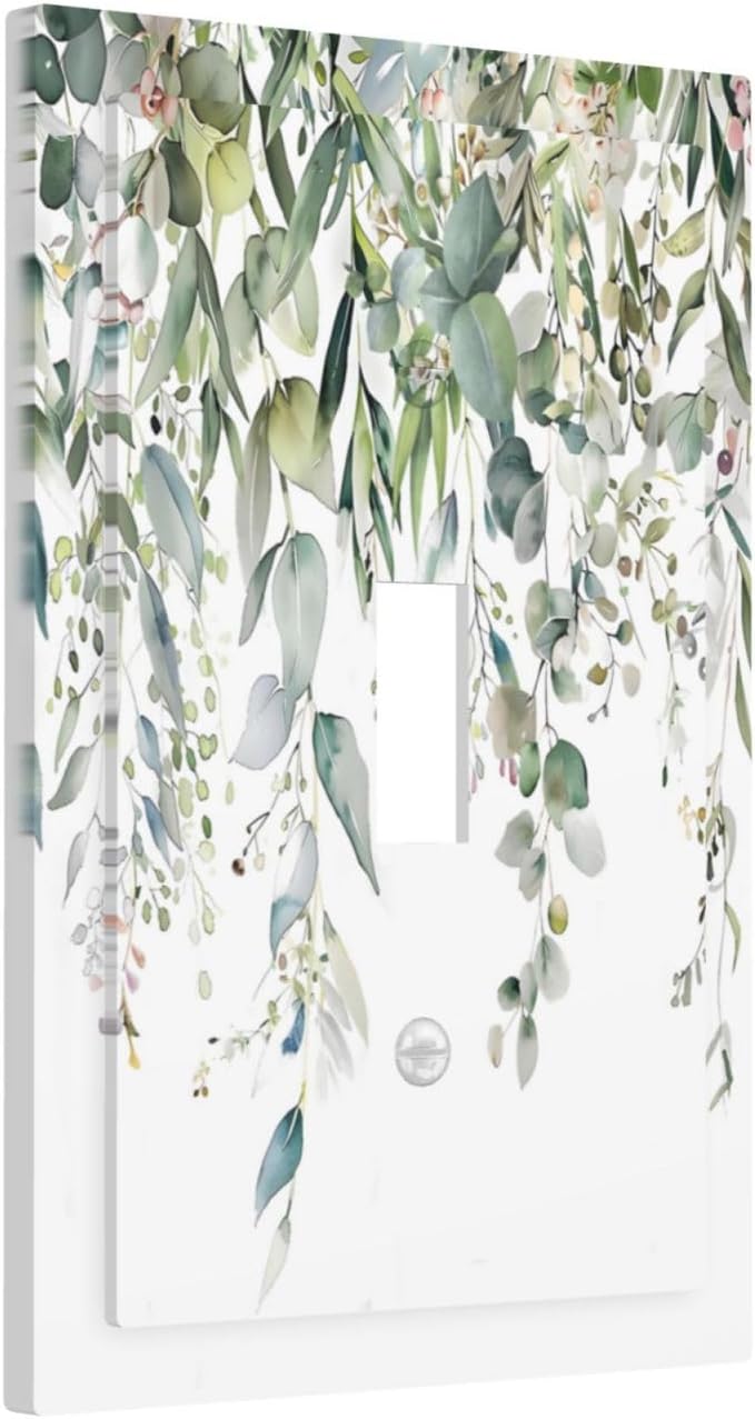 Sage Green Watercolor Eucalyptus Leaves Floral Flowers Decorative Light Switch Cover 1 Gang Single Toggle Device Electrical Faceplate Switchplates Decorator Outlet Wall Plate for Farmhouse Bed Room