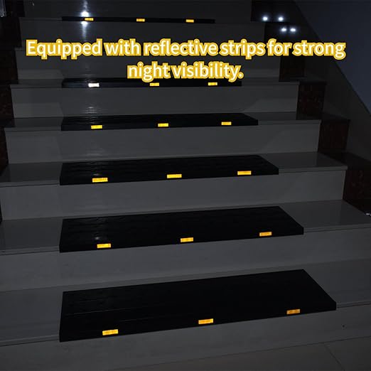Heavy-Duty Slip-Resistant Stair Treads with Reflective Safety Strips - Universal Fit Rubber Mats for Indoor/Outdoor Stairs, Noise Reduction & Fall Prevention (10)