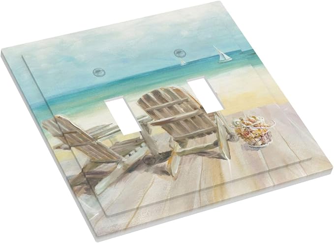 Light Switch Cover Beach Beach Chair Seascape Blue Ocean 2 Gang Wall Plate Double Light Switch Plate Modern Coastal Toggle Decorative Outlet Covers Electrical Switchplate for Bathroom Bedroom