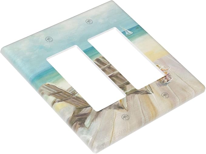 Outlet Covers Beach Chair Seascape Blue Ocean 2 Gang Wall Plate Double Rocker Light Switch Cover Modern Coastal Decorative GFCI Receptacle Cover Electrical Switchplate for Bathroom Bedroom
