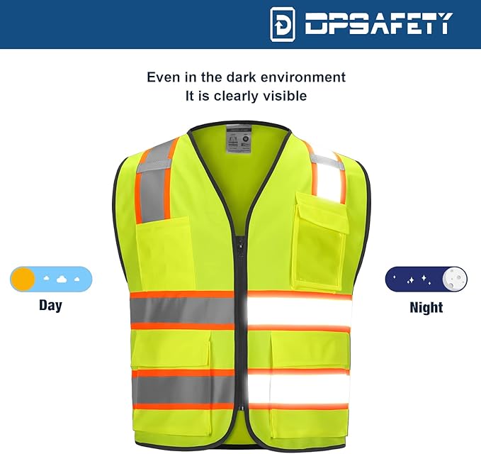 9 Pockets High visibility Class 2 Safety Vest，Hi Vis Vest with 2 inch wide Reflective Strips security vest with Zipper construction work vest for men &women Lime，Large