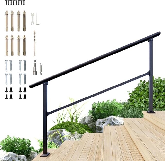 DIYHD 6 Step Handrail for Outdoor,Powder Coated Iron Stair Railing,Black Hand Rails for Indoor, Porch,Deck,1 Pack