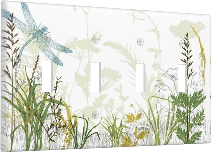 Wild Flower Dragonfly 4 Gang Toggle Light Switch Cover Plates Decorative Electric Outlet Covers Decorator Wall Switch Plate Receptacle Plug Covers 8 * 4.5 Inches