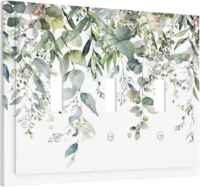 Sage Green Watercolor Eucalyptus Leaves Floral Flowers Decorative Switch Plates 3 Gang Wall Plate Triple Toggle Light Switch Cover Faceplate Electrical Wall Panels for Farmhouse Bed Room Decor