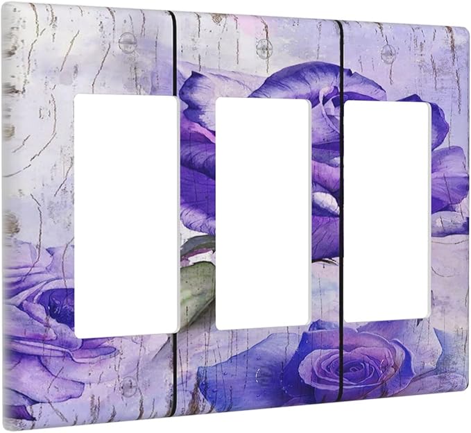 Light Switch Cover Purple Rose Flower Rustic Wood Plank 3 Gang Wall Plate Triple Light Switch Plate Rocker GFCI Outlet Covers Decorative Receptacle Cover for Farmhouse Bathroom Decor