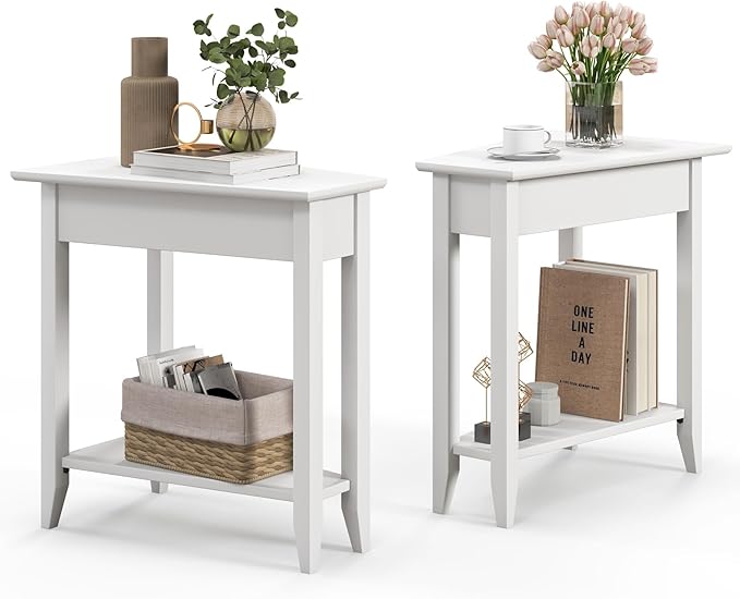 Giantex White Wedge End Table Set of 2, Triangle Side Table with Storage Shelf and Solid Wood Legs, Recliner Table, 24.5" Tall Nightstand, Modern Narrow Accent Table for Small Space Living Room