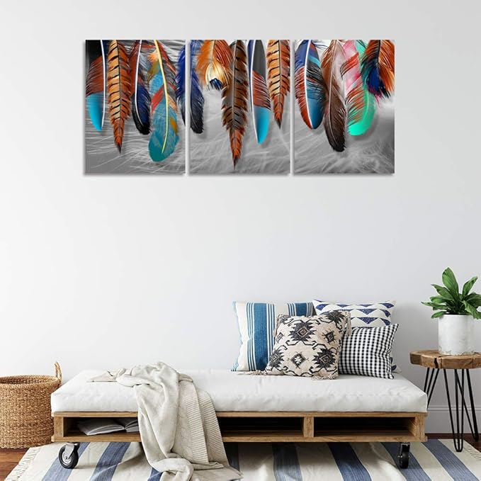Colorful Feather Poster Prtins Decor Modern Gray Background Picture Wall Art 3 Pieces Canvas Painting Artwork Decoration Home Office Decor for Living Room Bedroom - 48" Wx24 H
