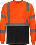 High Visibility Class 3 T Shirts，Hi Vis Safety Shirts with Reflective Strips and Pocket, Long Sleeve Quick Dry Mesh Construction Work Shirt for Men/Women Black Bottom Orange,Medium