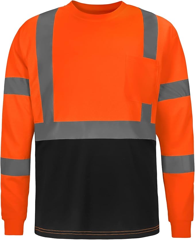 High Visibility Class 3 T Shirts，Hi Vis Safety Shirts with Reflective Strips and Pocket, Long Sleeve Quick Dry Mesh Construction Work Shirt for Men/Women Black Bottom Orange,Medium