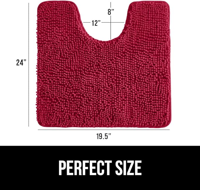 GORILLA GRIP Plush Absorbent Shaggy Chenille Bath Rug Mat for Oval Toilet Base with Rubber Backing, Machine Washable Rugs, Soft Microfiber Contour Mats for Toilets, Bathroom Decor, Red