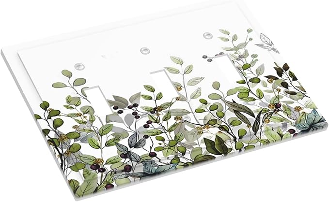 Watercolor Green Eucalyptus Leaves Plants Fruit Decorative Switch Plates 3 Gang Wall Plate Triple Toggle Light Switch Cover Faceplate Electrical Wall Panels for Bed Room Living Room Decor