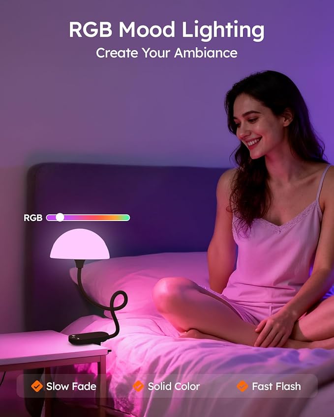 Cordless Clip On Lamp, Touch Control Desk Lamp with RGB Ambient Mode & 3000K–6000K, Rechargeable Dimmable Book Reading Light with Flexible Arm Sturdy Clamp On Table Bedside Headboard, Battery Operated