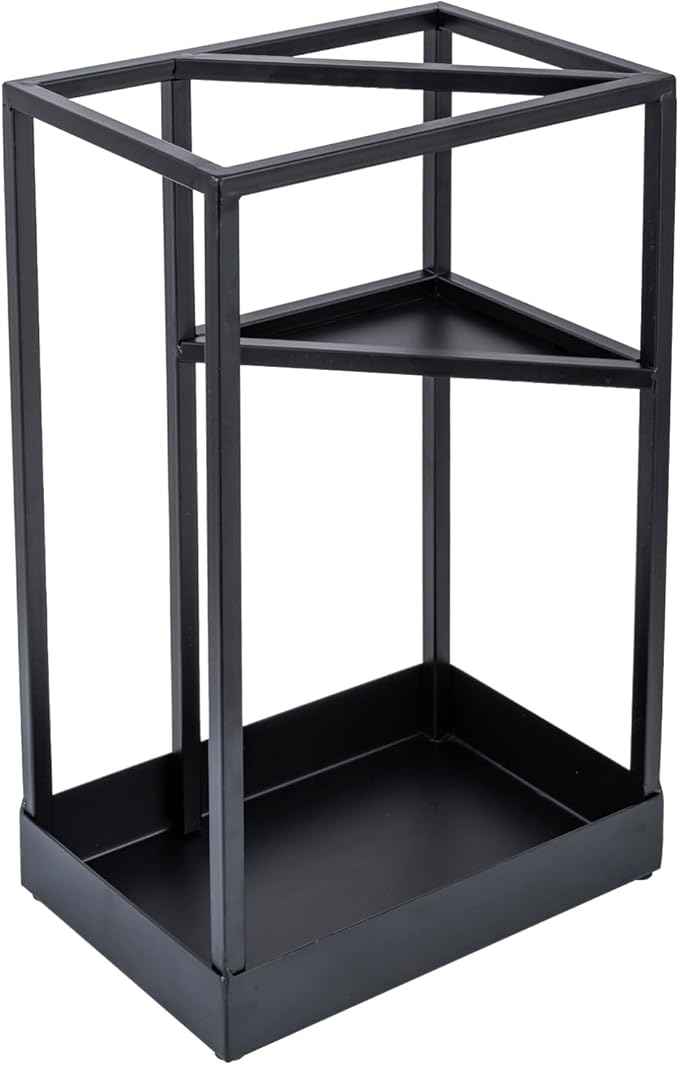MyGift 20 Inch Tall Modern Brass Tone Metal Geometric Freestanding Entryway Umbrella Rack or Cane Holder with Shelf for Small Umbrellas and Bottom Drip Tray (Black-Large)