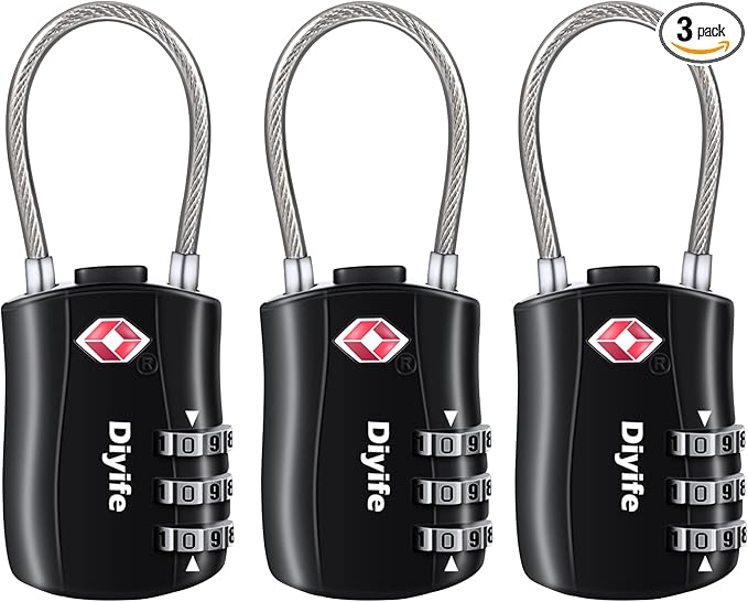 TSA Luggage Locks,[3 Pack] Diyife TSA Approved Cable Luggage Locks,Suitcase Padlocks,Luggage Locks, 3 Digit Resettable Combination Locks with Alloy Body for Travel,Bags,Suitcase