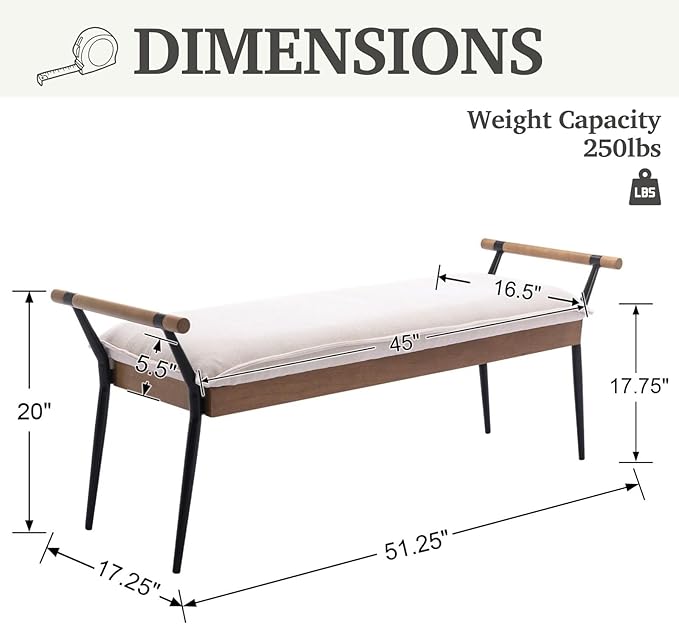 LukeAlon Modern Chenille Entryway Bench, Upholstered End of Bed Bench with Arms Classic Bedroom Ottoman Bench with Metal Legs Elegant Footstool for Entrance Living Room, White