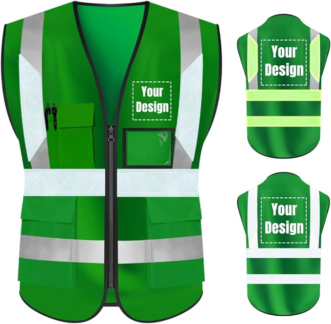 YOWESHOP High Visibility Safety Vest Custom Your Logo Protective Workwear 5 Pockets With Reflective Strips Outdoor Work Vest (M, Green Luminous)