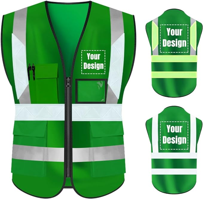 YOWESHOP High Visibility Safety Vest Custom Your Logo Protective Workwear 5 Pockets With Reflective Strips Outdoor Work Vest (L, Green Luminous)