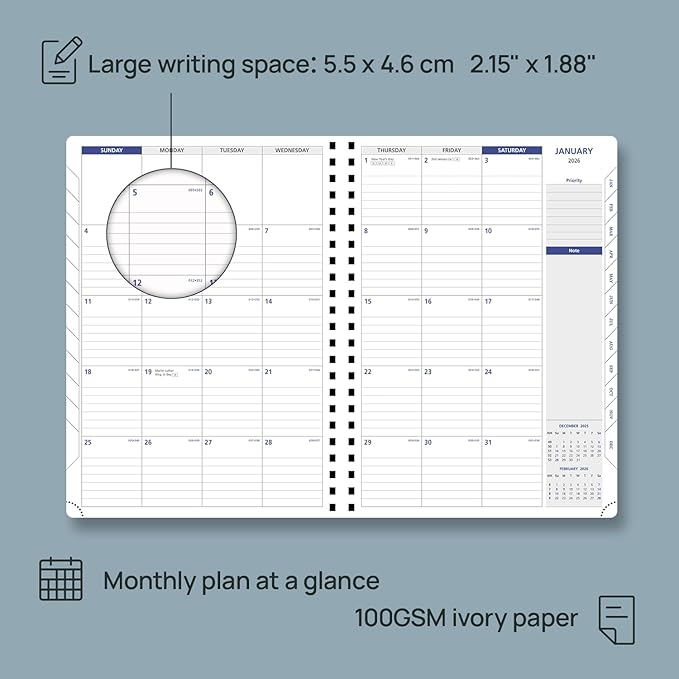 POPRUN 2026 Weekly Planner (A4-8.25'' x 11.75''), Quarter-Hourly Appointment Book (Jan. 2026 to Dec. 2026) with Monthly Tabs, Spiral Softcover, 2 Inner Pockets, Pen Holder - Pink