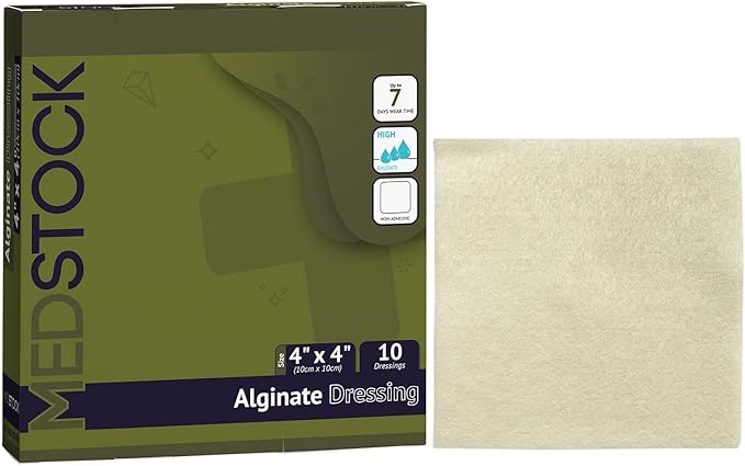 MEDSTOCK Alginate Dressing, 4"x4" (Pack of 10), Highly Absorbent Non-Woven Wound Care, Gel Formation for Optimal Healing Environment, Made with 100% Calcium Alginate Fibres