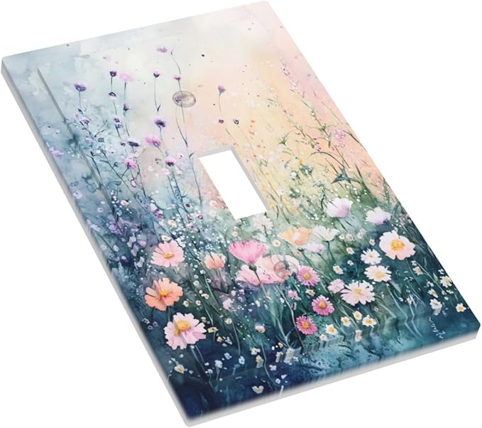 Decorative Light Switch Covers Pink Floral Wildflower Green Plants 1 Gang Light Switch Cover Plate Single Toggle Wall Plate Outlet Covers Wall Plate Dimmer Faceplate for Bathroom Decor