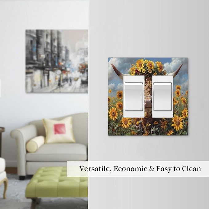 Decorative Outlet Covers Vintage Sunflower Highland Cow Rustic Art 2 Gang Double GFCI Rocker Electrical Wall Panels Light Switch Cover Plate for Bedroom Farmhouse Decor