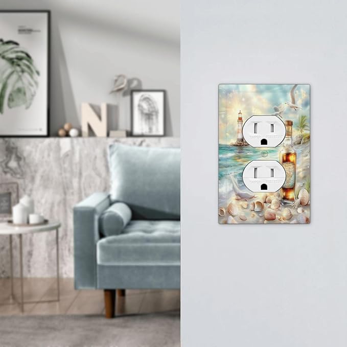 Outlet Covers Beach Ocean Lighthouse Seashells 1 Gang Duplex Light Switch Cover Decorative Switch Plates Electrical Receptacle Faceplate Wall Plate For Bed Room Living Room Decor