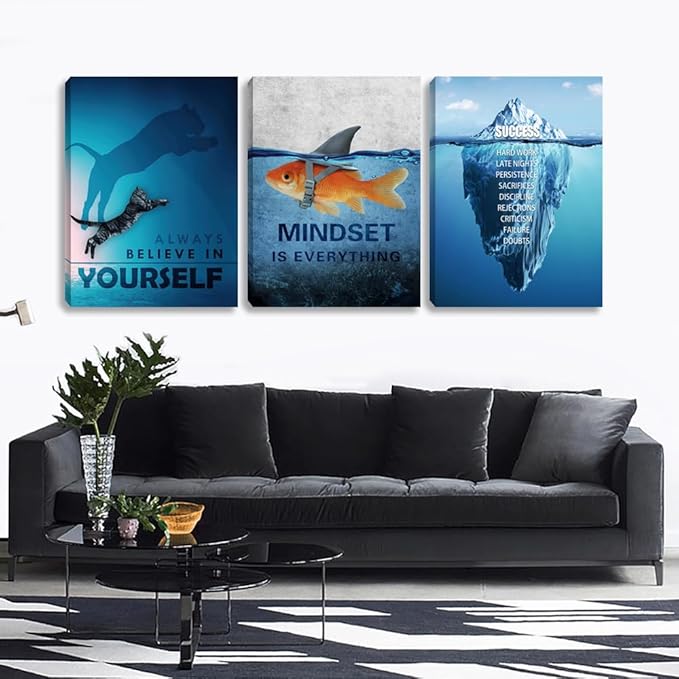Unbruvo Motivational Wall Art for Office, 3 Pieces Cat Glacier Fish Canvas Print, Inspirational Quotes Wall Decor for Living Room, Bedroom, Dorm-(72''Wx 36''H)