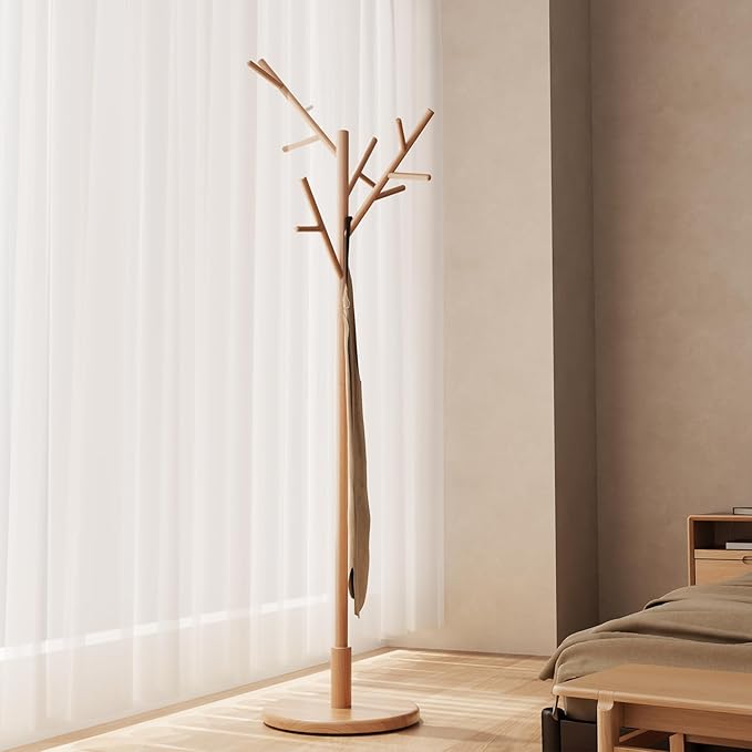 Coat Rack,Solid Wood Coat Rack Freestanding with 12 Hooks,Coat tree freestanding 3 Adjustable Heights for coat, Hats, Handbags，Coat Stand for Entryway,Bedroom (Natural)