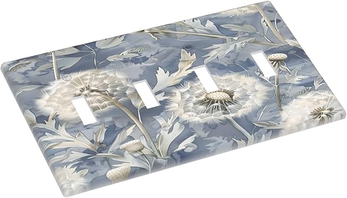 Blue Dandelion Vintage Floral Boho Flower Light Switch Covers Quad Toggle Electrical Faceplate 4 Gang Wall Plate Decorative Switch Plates Cover for Bedroom Living Room Home Decor