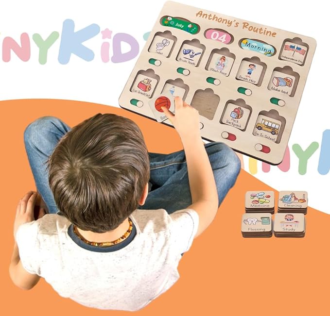 Personalized Wooden Daily Routine Chart, Visual Schedule, Routine Chart for Toddlers, Morning Bedtime Routine Chart for Toddlers (02)
