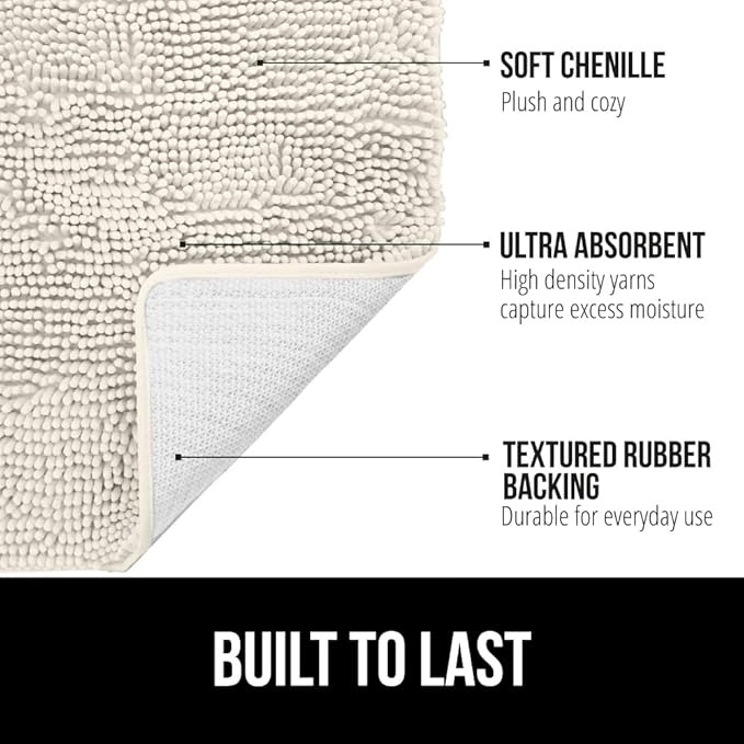 GORILLA GRIP Plush Absorbent Shaggy Chenille Bath Rug Mat for Square Toilet Base with Rubber Backing, Machine Washable Rugs, Soft Microfiber Contour Mats for Toilets, Bathroom Decor, Ivory