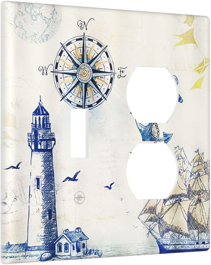 Nautical Sailboat Lighthouse Compass Anchor Decorative Light Switch Cover Plate 1 Toggle/1 Duplex Outlet Covers 2 Gang Combo Gfci Wall Plate Electrical Receptacle Switchplate for Bedroom Decor