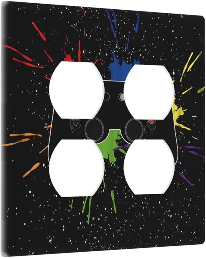 Classic Videogames Controller Black Splash Ink Colorful Outlet Covers 2 Gang Double Duplex Decorative Light Switch Covers Electrical Wallplates Socket Faceplate for Kids Room Nursery Decor