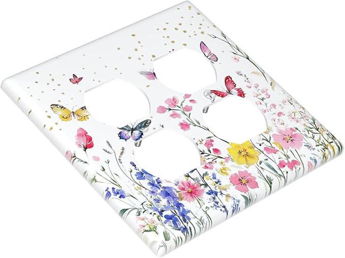 Outlet Covers Watercolor Floral Butterfly Colorful Wildflower 2 Gang Double Duplex Decorative Light Switch Covers Electrical Wallplates Socket Faceplate For Bed Room Living Room Decor