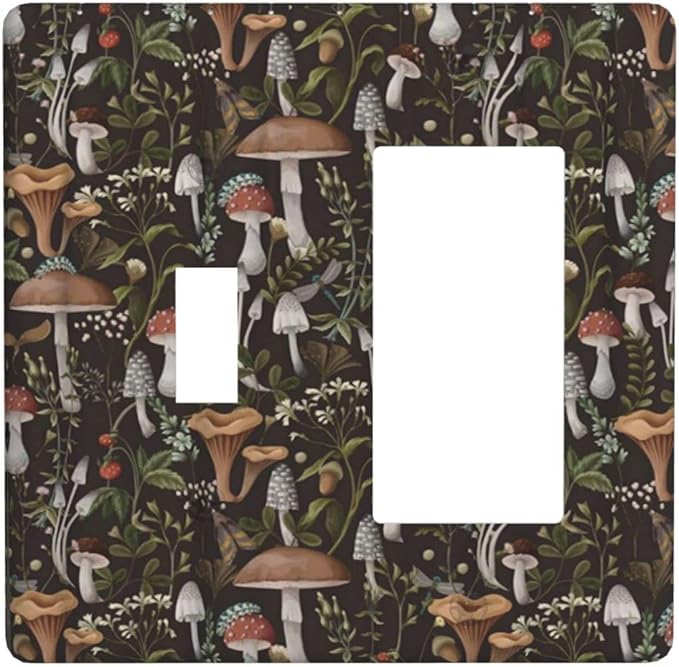 Funky Retro Vintage 70s 60s Boho Hippie Mushroom 2 Gang Light Switch Cover Plates Decorative Combination Toggle Rocker/Decora Wall Plate Floral Leaf Electrical Switchplate Faceplate for Bathroom